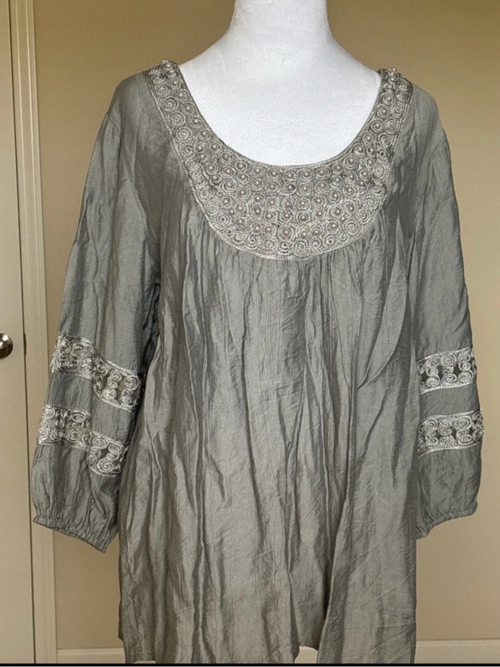 Krazy Kat Boho Tunic Blouse Silver Embroidered
